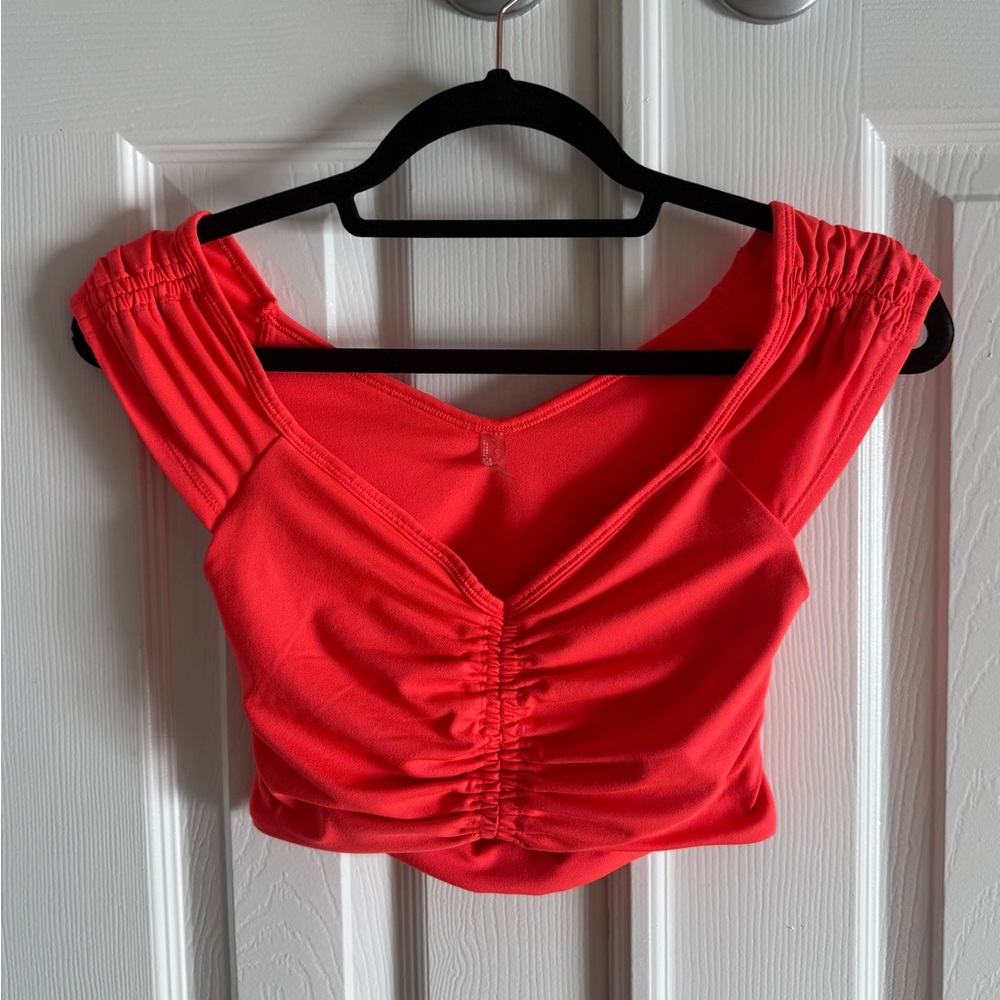 FP Movement Breathe Deeper Ruched Crop Top Tank Neon 
Hot Watermelon XS V Neck
